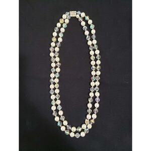 Vintage Crystal & Pearl Bead 2 Strand Necklace with Rhinestone Clasp